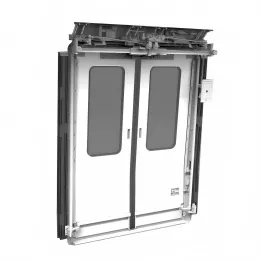 Electric double-leaf sliding plug door with roller-type sliding carriage