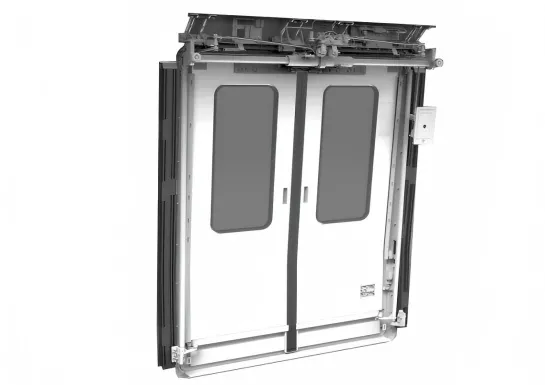 Electric double-leaf sliding plug door with roller-type sliding carriage
